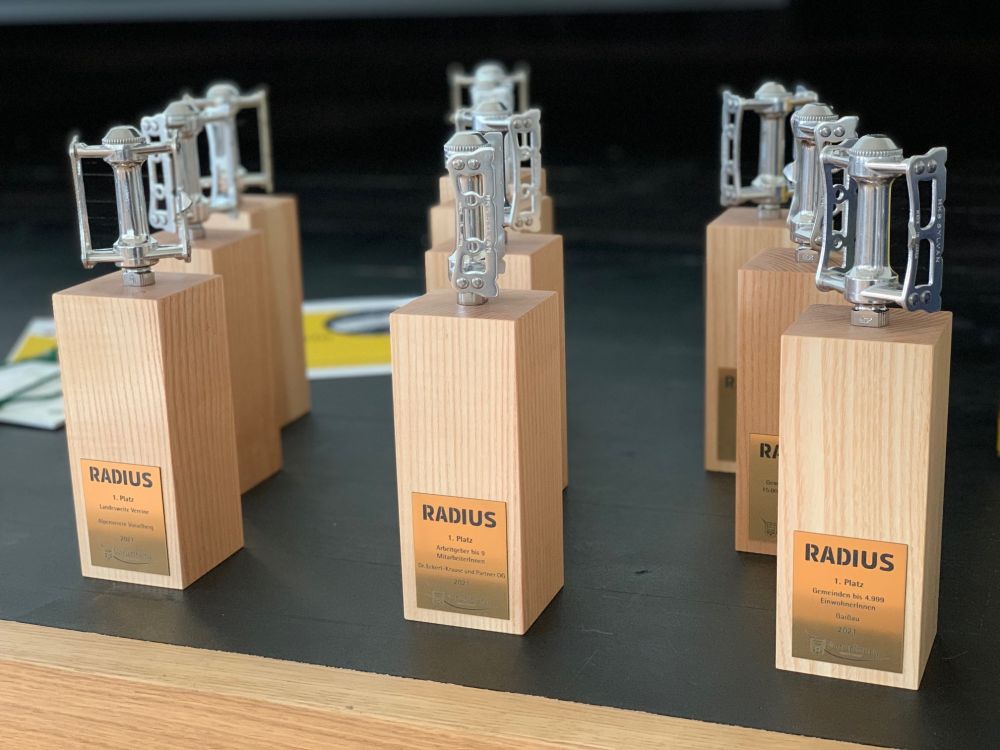 Neun Radius Pokale aus Holz mit einem kleinen Pedal oben drauf.